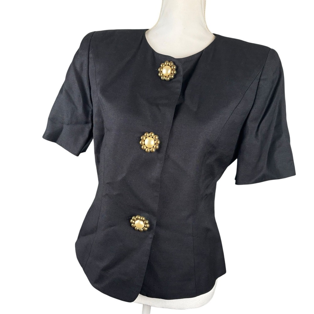 BICCI Florine Wachter Black Tailored Blazer Jacket Gold Button Short Sleeve Sz 8
